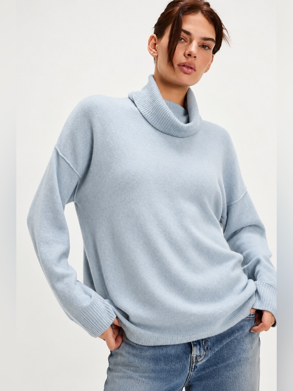 Free People Addie Cashmere Turtleneck Sweater Baby Blue S/P $198